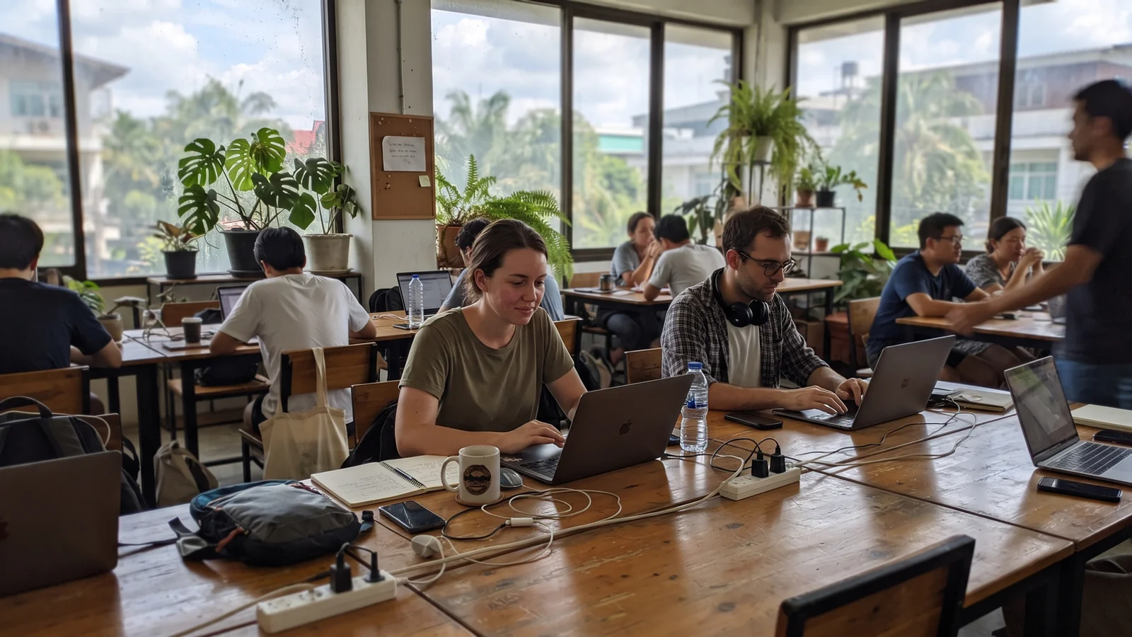A busy open-plan coworking space in Chiang Mai