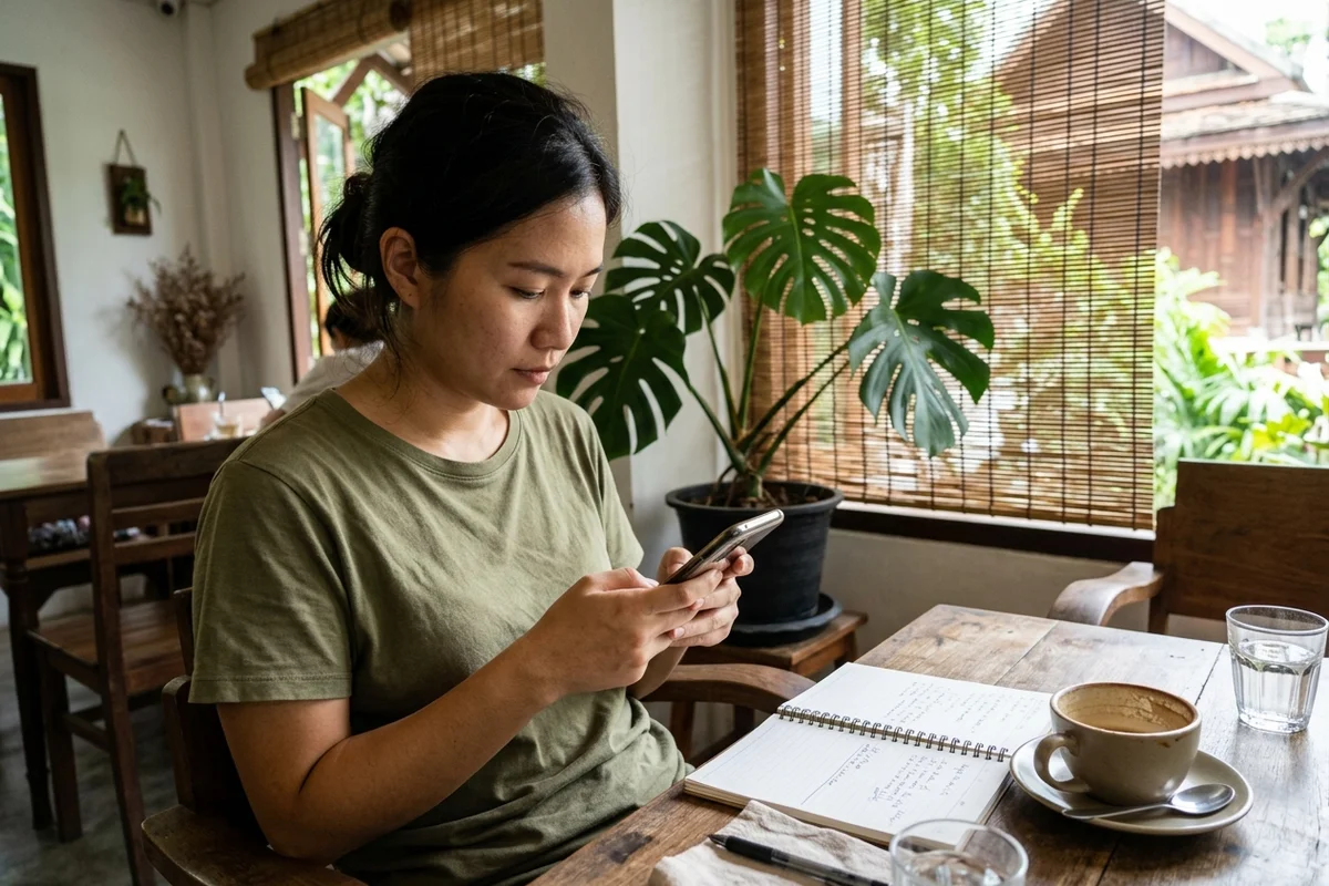 Reading on a phone at a quiet Chiang Mai café table