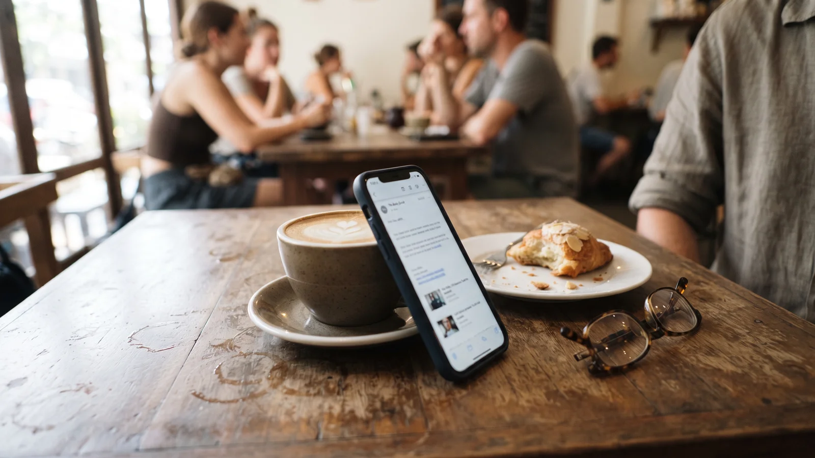 A phone showing an email newsletter on a café table in Chiang Mai