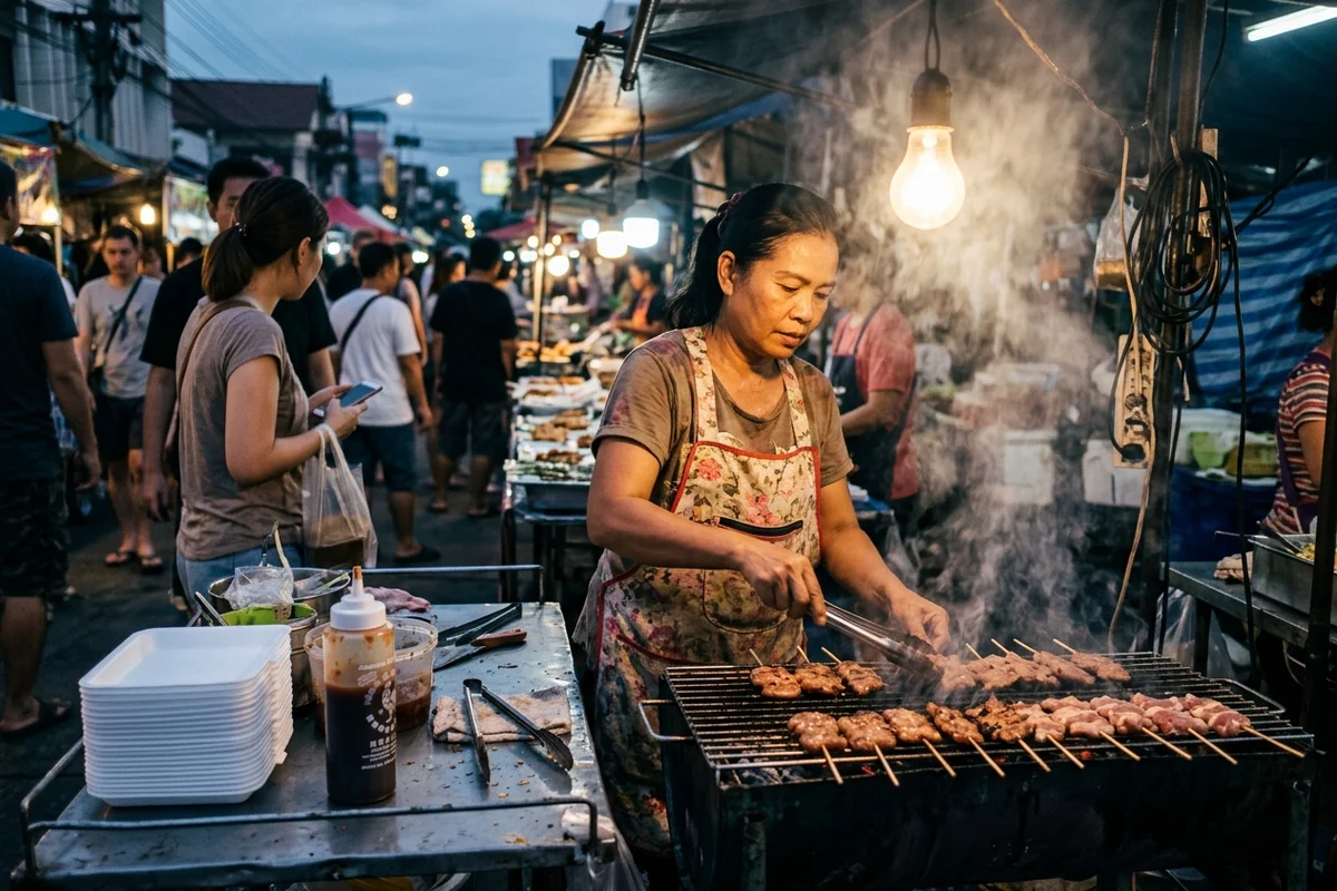 A street food vendor grilling skewers at a Chiang Mai evening market