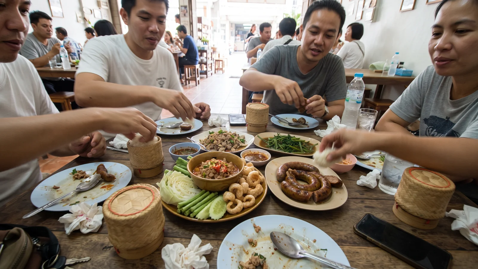 A shared table of Northern Thai dishes in Chiang Mai