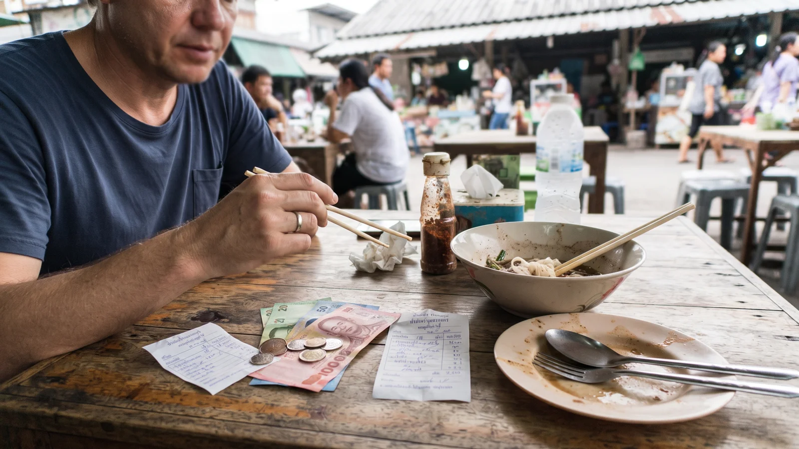 Thai baht notes and a market receipt on a wooden table in Chiang Mai